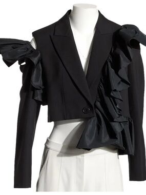 Rare Black Ruffled Cropped Blazer Jacket